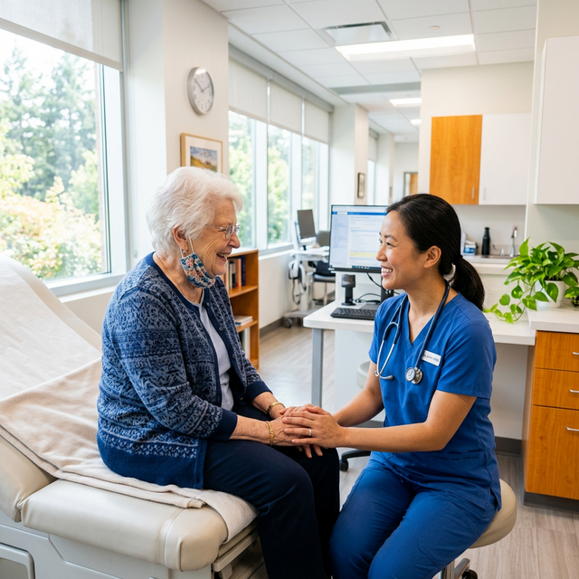 Friendly healthcare professional helping an elderly patient in a modern facility